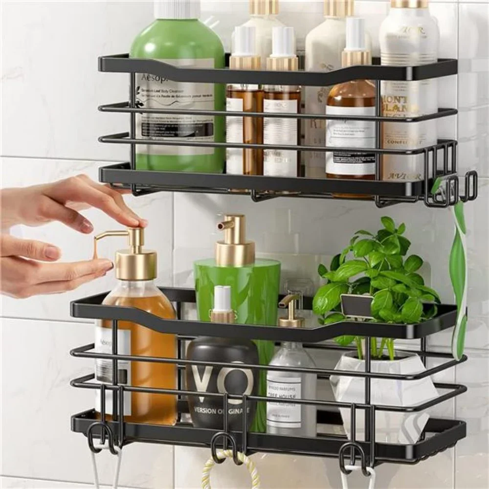 Shower Caddy Adhesive Shower Organizer with 5 Hooks, 2 Pack No Drilling -Black